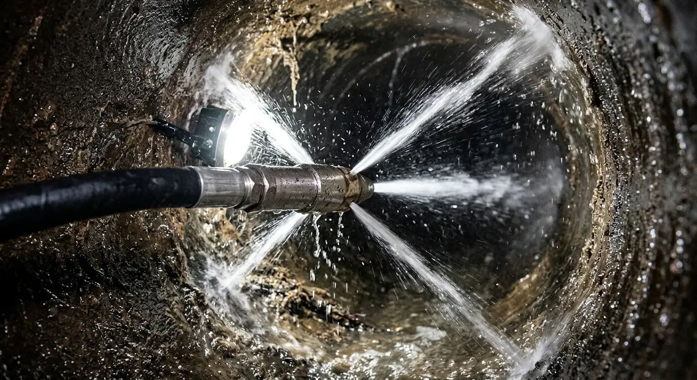 High-pressure hydro jetting nozzle cleaning sewer pipe for Trenchless Sewer Repair in Logansport