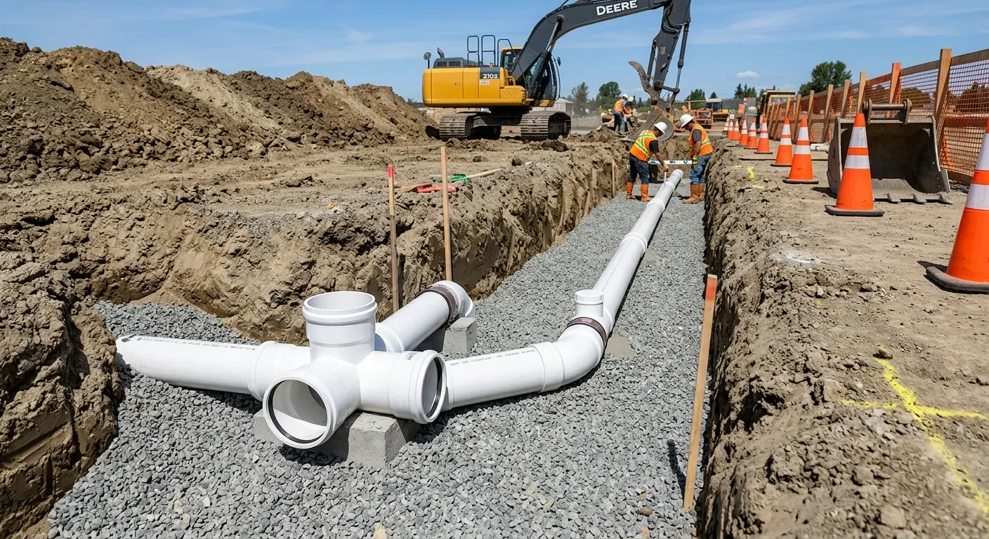 New PVC sewer pipe installation in open trench for Commercial Drain Cleaning in Logansport