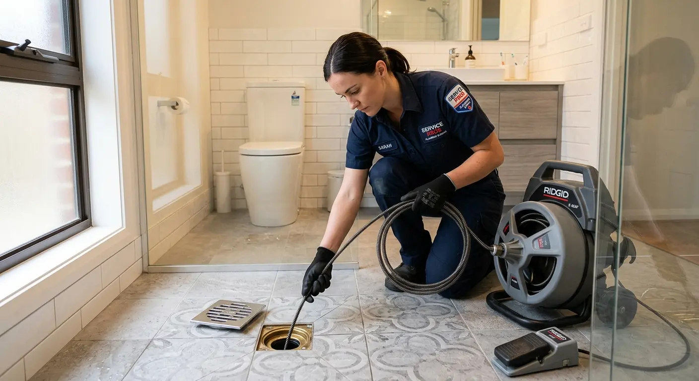 Technician clearing a bathroom floor drain for Drain Cleaning in Logansport